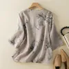 T-shirts femme été femmes motif Floral manches 3/4 coton lin haut chemise femme Vintage décontracté Style chinois hauts amples