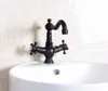 Robinets de lavabo de salle de bain Laiton huilé noir Double poignées croisées Mitigeur de lavabo Robinet de navire Bec pivotant / Monté sur le pont Wnf145