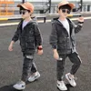 Clothing Sets Fall Jeans Tracksuit Kids Boys Cotton Hooded Denim Jackets Long Pants Two Piece Clothes Set Fashion Children Grey Outfits 230614