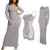 Basic Casual Dresses Women's Body Shaping Dress Set With Breast Pad Built In Body Shaping Underwear 8 In 1 Women's Cocktail Two Piece Solid Dress 230615