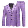 Costumes pour hommes 2023 ensemble de costume pour hommes violet Plaid affaires Slim Fit marié robe de mariée homme trois pièces haut pantalon réservoir