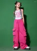 Scen Wear Modern Jazz Dance Costume Girls Vest Pink Cargo Pants Loose Hip Hop Performance Outfit Kpop Concert Clothes Kids BL10728