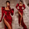 Elegant Velvet Prom Dresses Beading Square Neck Long Sleeves Red Party Evening Gowns Pleats Slit Formal Long Special Occasion dress