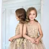 Champagne Flower Girls Dresses For Weddings Tulle Appliques Tea Length Girls Pageant GOWNS Kids Formal Wear Christmas Zipper anpassade