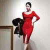 Casual Dresses Fashion Women Slim Zip Basic Formal Dress Ankomst Kontor Lady Sexig Party Girl Solid Red Square Collar Pencil
