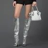 New Model Dress Heel Boots Stone Print Pointed Toe Gold Slip on Calf Boots for Lady Knee High Fashion Shoes Women