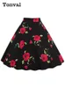 Jupes Tonval Floral Vintage Swing Midi Jupe Rétro Fleur Imprimer Femmes Élégantes Années 1950 Taille Haute Coton Une Ligne Jupe 230615