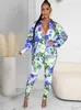 Damesblouses bloemenprint tweedelige set dames casual turn-down kraag shirt met lange mouwen en hoge taille hipster legging sweatsuit dames