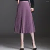Юбки корейская мода сплошной плиссивные плиссированные юбки женская эластичная высокая талия A-Line Midi Summer Leasp Purple White Yellow