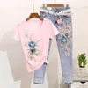 Agasalhos femininos bordados com miçangas tridimensionais flor manga curta camiseta e jeans duas peças setlady moda casual