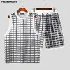 Tute da uomo Completi da uomo Plaid Patchwork Mesh Scava fuori O-collo senza maniche Canotte Pantaloncini 2PCS Trasparente Streetwear Abiti da uomo INCERUN 230615