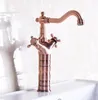Kitchen Faucets Antique Red Copper Brass Dual Cross Handles Bathroom Basin Sink Faucet Mixer Tap Swivel Spout Deck Mounted Mnf128