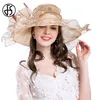 FS Summer Organza Wedding Hats For Women Kentucky Derby Hats Flower Sun Hat Big Wide Brim Fedora Beach Church Tea Party Caps Y20072310