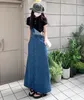 Casual klänningar streetwear kvinnor lösa damer vintage lång denim klänning kvinnlig tofs spaghetti rem jeans vestido mujer