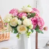 Dekorativa blommor 1 Bukett 30 cm Rose Pink Peony Artificial 5 Big Head och 4 Bud Fake For Diy Living Room Home Wedding Decoration