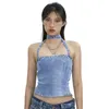 Dames Tanks Dames Denim Halter Tank Tops Mouwloos Blauw Slim Fit Rivet Push Up Bustier Tube Top Streetwear (Blauw S)