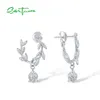 Polsino dell'orecchio SANTUZZA Orecchini a bottone in argento sterling 925 genuino per le donne Sparkling White CZ Flower Dangling Pierce Delicate Fine Jewelry 230614