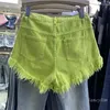 Jeans Feminino 2023 Verão Y2k Shorts Feminino Verde Denim Ins Sexy Girl Rasgado com Borla Calças de Pernas Largas Roupas Femininas