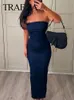 Basic Casual Jurken TRAFZA Vrouwen Elegante Denim Jurk Strapless Terug Rits Split Jurken Zomer Vrouwelijke Off Shoulder Backless Denim Lange Jurk 230614