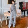 Women's Two Piece Pants Women Elegant Vintage Print Casual Loose Stand Neck Strapless Lace Tops Shirt Blouse OL High Waist Long Flare 2