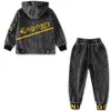 Clothing Sets Fall Jeans Tracksuit Kids Boys Cotton Hooded Denim Jackets Long Pants Two Piece Clothes Set Fashion Children Grey Outfits 230614