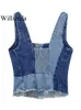 Women's Tanks Camis Willshela Women Fashion Denim Patchwork Crop Top Single Breasted Cropped Camisole Vintage Straps Square Collar Female Chic Lady 230615