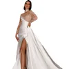 Witte Lange Mouw Sexy V-hals Bruids Trouwjurk Lace Edge Kapel Trein Jurk Pailletten Banketjurk Robe De Soiree