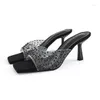 Sandały Traf 2023 Woman's Rhinestones High Srebrny kwadratowe palce u stóp stiletto mody Black Slingbaccks Bling Heels Kobiety