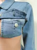 Kvinnors spårdräkter Denim Crop Coats Two Piece Set Shorts Hollow Out Top Biker Short Casual Pants Pockets 2023 Y2K Clothing Streetwear