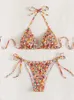 Dames badmode roze bloemen verzameld halter hals driehoek bikini lage taille badpak bloemen serie band badpak tweedelig schattig 230615