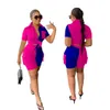 Summer Tracksuit Women Fashion Clothing Two Piece Set Color Contrast Short Sleeve Shirt Pocket Shorts Casual 2PCS Suit Outfits