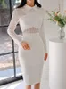 Casual Dresses Spring Autumn Elegant Office Women Dress Formal White Lace Sheer Sexig långärmad Slim Midi Pencil Party Prom Mujer Vestidos