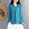 Kvinnors T -skjortor Spring Fall Women Embroidery V Neck Full Sleeve Blue Purple Chinese Style Cotton Linen Top Shirt Woman Vintage Tops