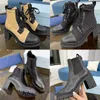 مصمم البلاك الأحذية الدانتيل يصل منصة الكاحل التمهيد النساء النايلون جلد طبيعي أحذية قتالية عالية الكعب الشتاء التمهيد مع صندوق رقم 256