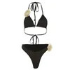 Maillots de bain pour femmes maillot de bain pour femmes 2023 été mode licou à lacets fleurs Bikinis ensembles Sexy noir deux pièces maillots de bain plage