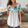 T-shirt da donna Top estivo da donna Camicia casual con scollo a V Manica corta Button Up Tunica Top per magliette da lavoro Giunzione in cotone da donna