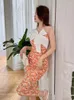 Casual Dresses Mesh Elegant Women Evening Runway Dress Lady Sweet Bow Floral O-Neck Slim Slit Midi Club Beach Holiday Robe Femme Mujer