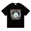 Men's T-Shirts Top Craftsmanship Rhudes summer designer Summer RHUDE Sunset Beach Comfortable Pattern Printed Double Yarn Pure Cotton Casual Loose Short Sleeve