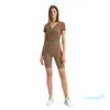 2023-Abiti da yoga Vestiti da yoga T-shirt sportiva da donna con scollo a V a costine a maniche corte incrociata a pieghe in vita