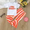 Jeans Toddler Girls Short Sleeve Letter T Shirt Pullover Tops Striped Prints Bell Bottoms Pants Kids Outfits 230616