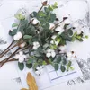 Fleurs décoratives 6 pièces 23.5 "tiges de coton 4 têtes avec des feuilles d'eucalyptus pour la décoration florale de Style ferme à la maison