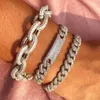 Bangle Silver Color Iced Out Bling Micro Pave Bracelet White CZ Bar Charm Curb Miami Cubann Link Chain Hip Hop Women Jewelry