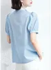 Damenblusen Frauen Kurzarmhemd 2023 Sommer Lässige Chiffonbluse Weibliche Koreanische Kleidung Taschen Lose Blaue Top Chemises Et