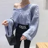 Women's T Shirts EWSFV 2023 Autumn Arrive Women Solid 5-colors Cable-Knit Pullover Knitwear Korean Style Loose Bell Sleeve V-neck Frayed Top