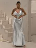 Sıradan Elbiseler Lüks Kadınlar 2023 Slip Elbise Seksi Zarif Dantelli Yüksek Bel Arka Backless Bandage Bodycon Uzun Resmi Düğün Partisi Gümüş