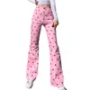 Women's Pants Capris Red Heart Print Pink Flare Jeans Y2K Pants Kawaii Sweet High Waist Slim Women Casaul Streetwear Denim Trousers Hipper Bottoms 230615