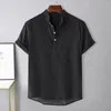 T-shirt da uomo Camicia estiva da uomo Colletto alla coreana Bottoni Tinta unita Pullover Top T-shirt da ufficio morbida a maniche corte di media lunghezza Abbigliamento