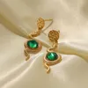 Dangle Earrings Stainless Steel Snake Shaped Fashion Retro Round Green Zircon Hammer Pattern Pendant Titanium Studs Hoop