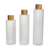 Bouteilles de stockage Couvercle en bois de bambou Frost Plastic Toner Bottle 200ML 250ML 300MLCosmetic Packaging Vide PET Rim 24mm Round Flacons rechargeables