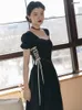 Sukienki imprezowe Summer elegancka czarna sukienka Kobieta elegancka design retro haft kwiat bandaż bandaż księżniczka vestido negro